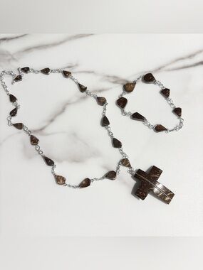 Polished Coconut Husk Wire Wrapped Cross Necklace and Matching Bracelet